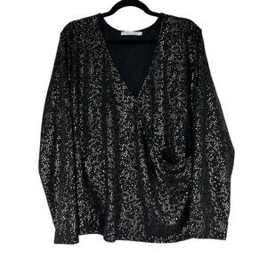 New Lush Faux Wrap Black Gold Shimmer Long Sleeve Top 3X